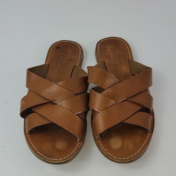 Madewell Boardwalk Woven Brown Leather Slide Women's Sandals - Picture 9 of 14